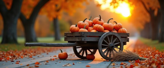 A rustic wooden cart filled with ripe pumpkins sits on a leafstrewn path lined with trees in warm autumn sunlight