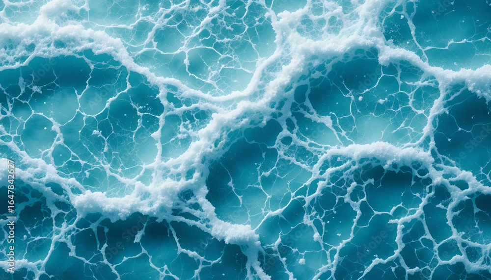 Poster captivating abstract ocean wave patterns with dynamic white foam textures and deep blue hues.