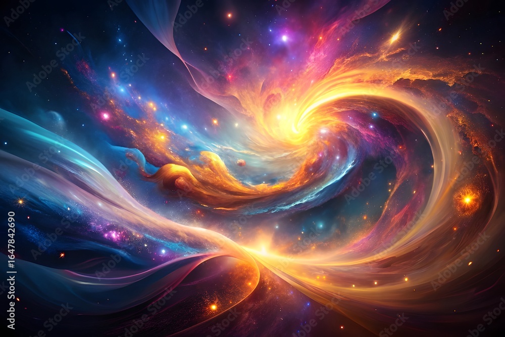 Poster vibrant cosmic swirl of a colorful nebula in deep space, filled with glowing stars and ethereal ligh