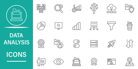 Data analysis icon set. Data analysis icon as computing, statistics, management, research, analysis, data, mining, processing and more outline symbol. Set of 24 icons related to data analysis.