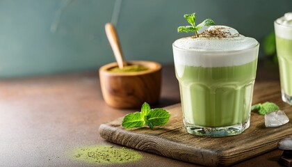 refreshing iced matcha latte drinks with cream and mint garnish on wooden board