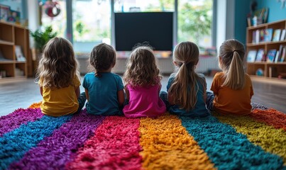 Four young children, backs to the camera, sit on a colorful rug, watching a blank screen