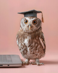 Naklejka premium Owl wearing a graduation cap standing by a laptop on a pastel pink background