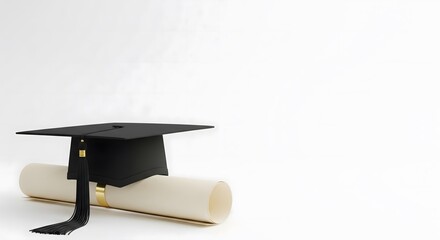Graduation Cap and Diploma on a White Background with Copy Space.