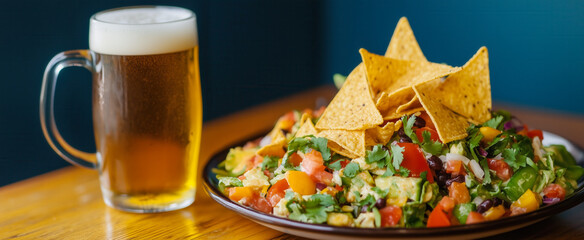 Fresh nacho salad and cold beer on wooden table, perfect for casual dining.