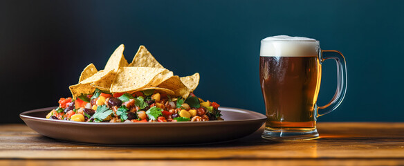 Colorful nachos with a mug of frothy beer on a wooden table.