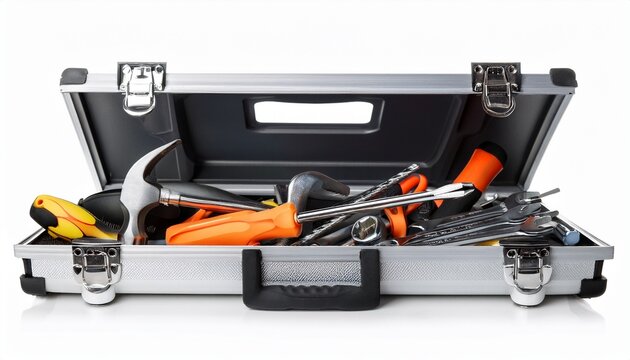 open metal toolbox with assorted tools isolated on white