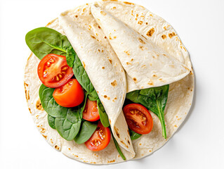 Fresh tortilla wrap filled with spinach and tomatoes on a white background.