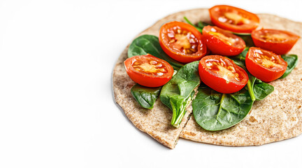 Fresh flatbread topped with spinach and cherry tomatoes against a white background.