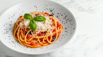 Delicious spaghetti with tomato sauce, cheese, and basil on a white plate.