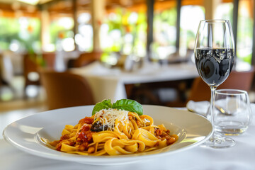 Delicious pasta dish with tomato sauce and a glass of red wine in a cozy restaurant.