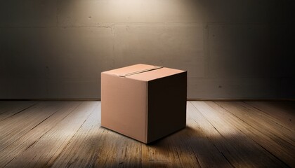 a solitary cardboard box sits on a wooden floor subtly illuminated against a textured backdrop