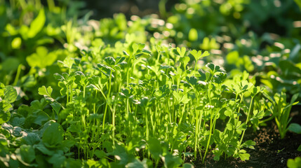 Young green seedlings basking in sunlight in a lush garden bed.