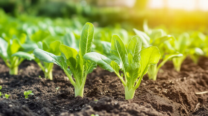 Lush green seedlings thrive in nutrient-rich soil under warm sunlight.