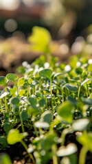 Young green sprouts emerging vibrantly in a sunlit garden scene.