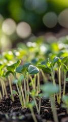 Young green seedlings emerge from fertile soil in soft, natural light.