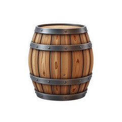 Fototapeta premium Wooden barrel with metal bands isolated on transparency background, rustic container for storage or aging liquids