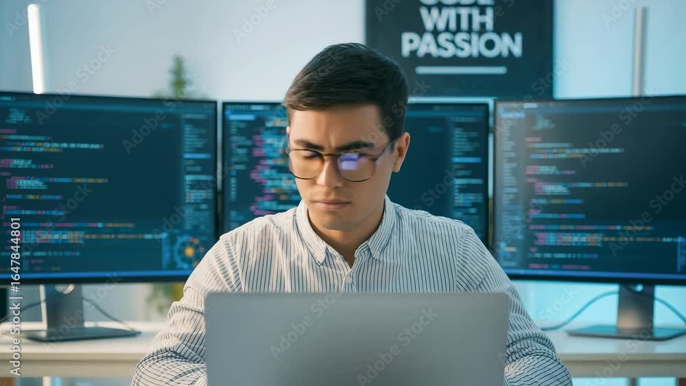 Poster man coding computer screens office desk work technology passion focus