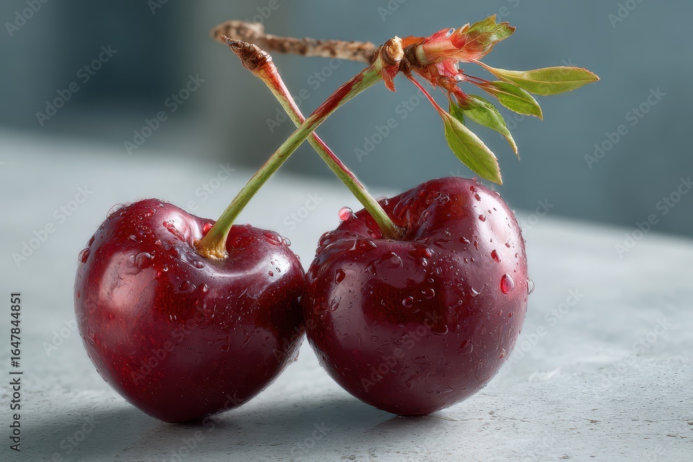 Poster fresh cherries with stems attached and drops of water placed on a textured surface in a soft light s