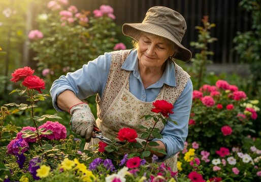 Content senior woman wearing a sun hat and gloves carefully pruning vibrant red roses in a blooming garden at sunset - Powered by Adobe