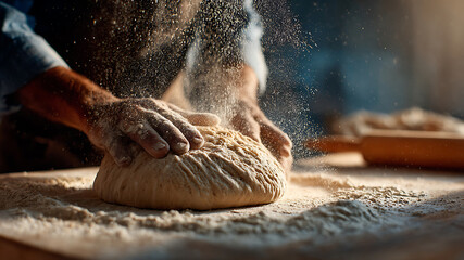 Artisan Hands Kneading Dough, a Cascade of Flour in Warm, Dramatic Light.