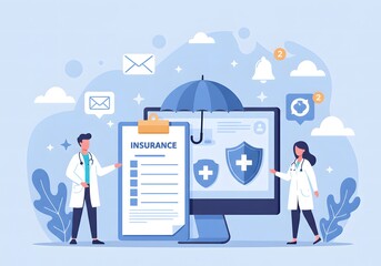 Medical professionals illustrating health insurance with umbrella and shield concept. A symbolic representation of healthcare protection and financial security