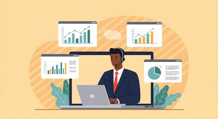 An illustrated financial analyst working with graphs and a laptop, assisting others with a headset