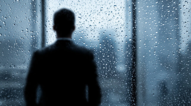CEO standing by glass window with rain outside