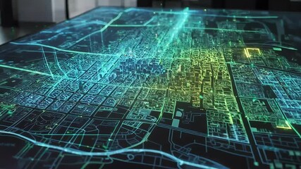 Digital city map with glowing grid and futuristic data visualization - Powered by Adobe