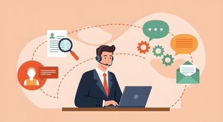 Professional customer service representative working on a laptop, surrounded by communication symbols