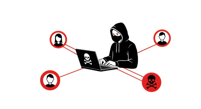 Cybersecurity threat conceptualized: A hacker connected with potential victims through a computer. The imagery conveys the dangerous potential of online threats