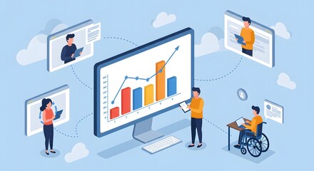 A digital illustration of individuals interacting with a computer screen displaying data and charts. This image highlights remote work, data analysis, and online collaboration