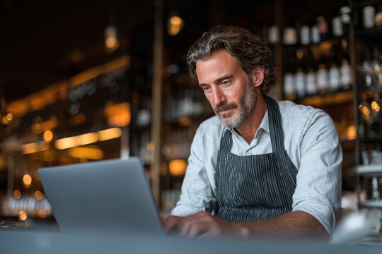 Restaurant manager focuses on laptop while meticulously counting stock levels in a bustling evening atmosphere - Powered by Adobe