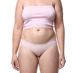 Liposuction. Woman in underwear on white background, closeup