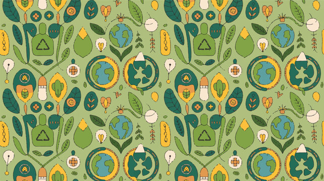 Eco friendly pattern with earth leaves and recycling symbols nature