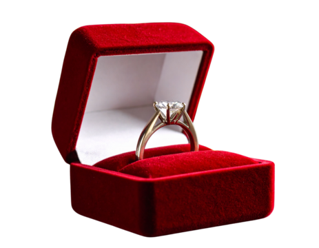 Angled View of Red Velvet Ring Box with Halo Diamond Ring, Isolated - Powered by Adobe