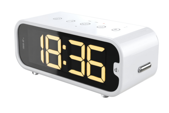 A white digital alarm clock with a retro design displays the time 18:36, showcasing a minimalist aesthetic. background removed