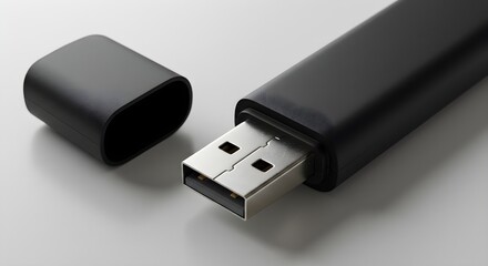 Black USB drive renders on clean white surface with minimal lighting. For tech concepts, presentations, and product shots.
