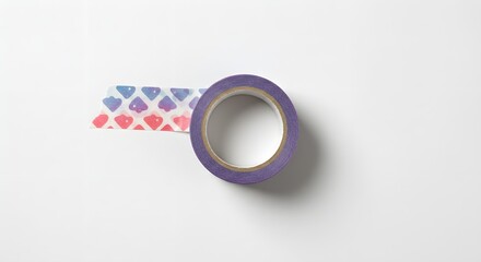Purple tape with heart pattern lays on white surface. Soft lighting highlights craft supplies, ideal for product photography, graphic design, or creative posters.