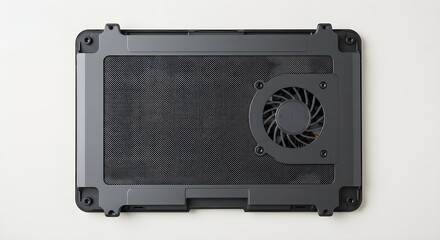 Gray laptop cooler features geometric grid texture with fan, suitable for product photography and tech-related branding.