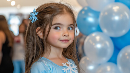 Naklejka premium Young girl smiles joyfully winter themed birthday celebration, dressed light blue outfit adorned with snowflake details. background features blue and white balloons, enhancing festive atmosphere