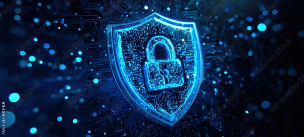 Aufkleber the shield lock representing cybersecurity and data protection in a digital network