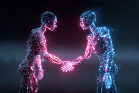 Ai hologram represents agentic autonomy through connection and collaboration between simulated figures in a futuristic setting