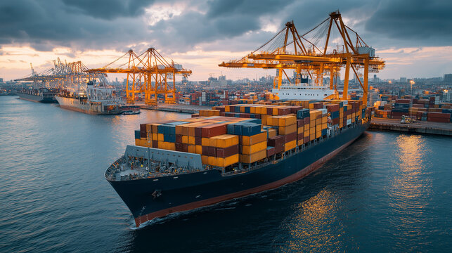 Large cargo ship loading containers for international trade