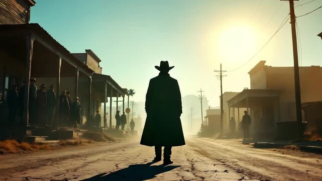 Lone cowboy in dusty old western town street