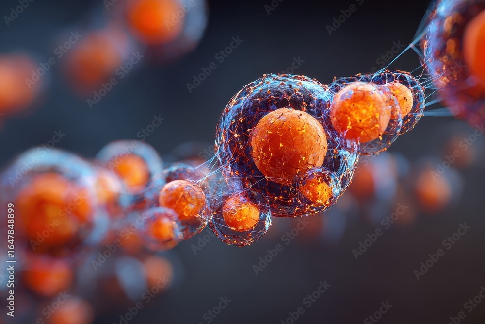 Poster exploring advancements in nanotechnology medicine showcasing molecular structures and interactions i