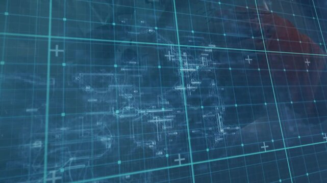 Technician leaning over bench inspecting component as blue holographic grid fading in and animating