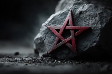 Red pentagram resting against large rock on a dim day