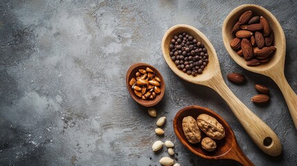 Wooden spoons with coffee beans nuts and cocoa for gourmet food and beverage photography concepts