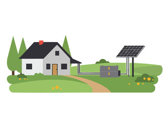 charming home with a solar panel system and battery storage set in a picturesque landscape  Ideal for illustrating sustainable energy and home battery solutions Clean modern illustration © Vector Factory